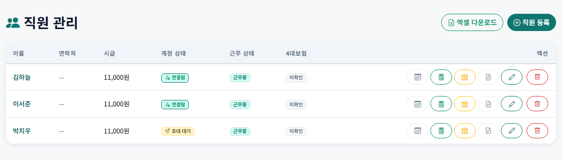 직원 관리 화면