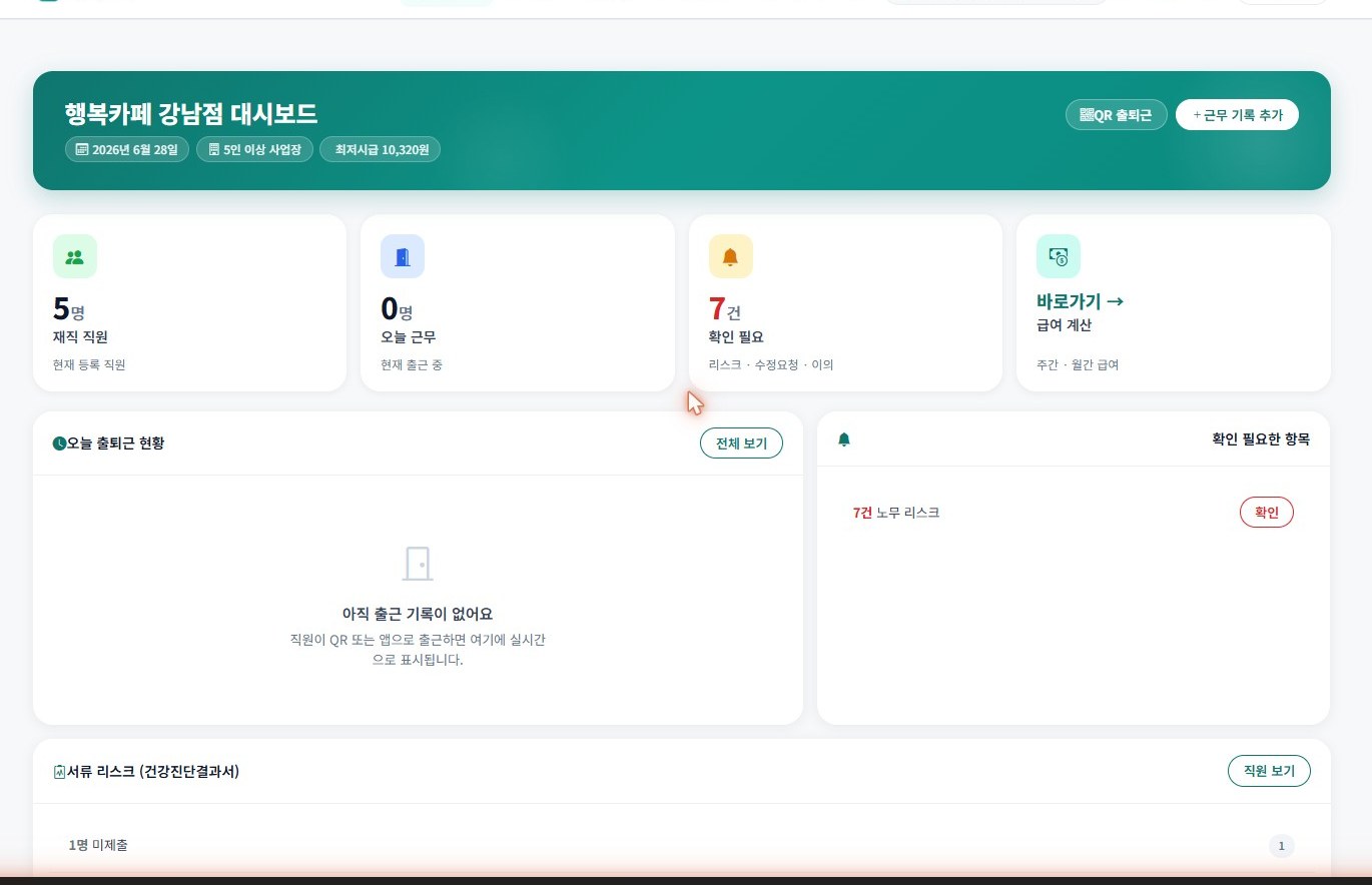 대시보드 — 오늘 출근 현황 · 직원 요약
